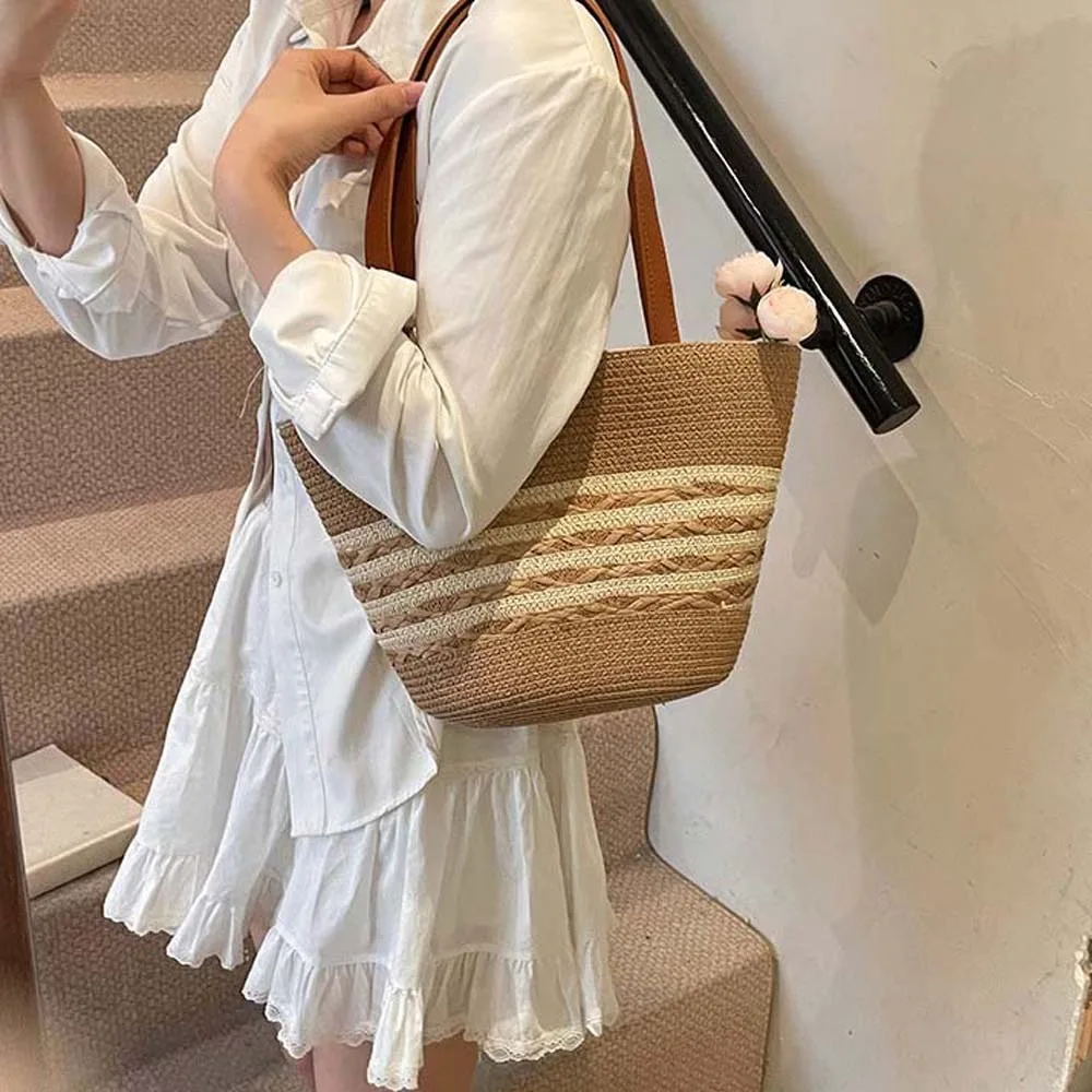 

Solid Color Sweet Woven Tote Bag Silk Ribbon Large Capacity Stripe Straw Handbag Khaki Lightweight Summer Beach Bag Vacation