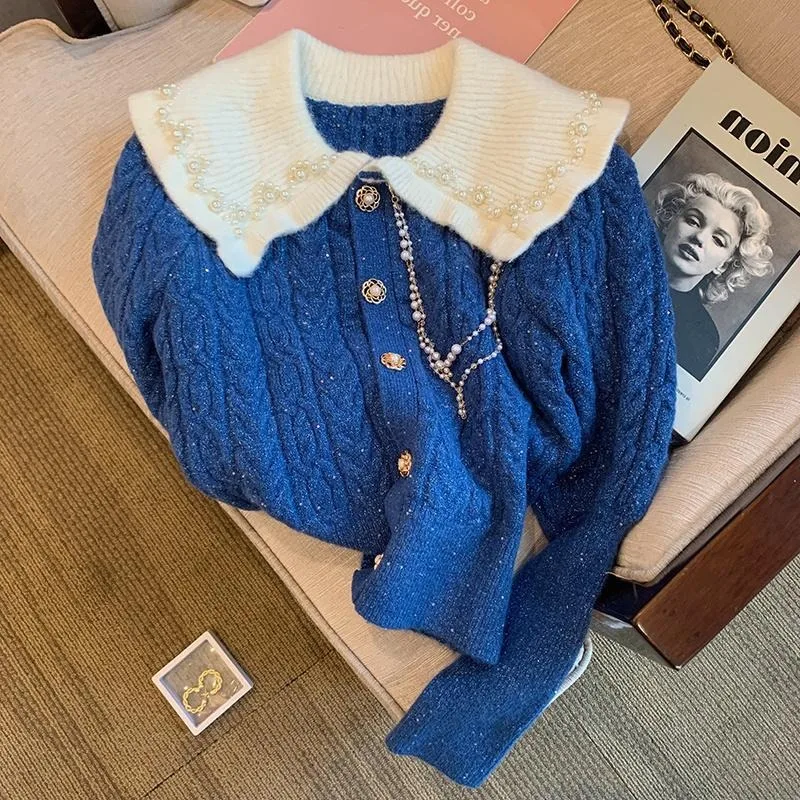 Klein Blue Sweater Cardigan Women Winter Doll Neck Fashionable Age Reducing Short Long Sleeve Knitted Cardigan Sweater Female