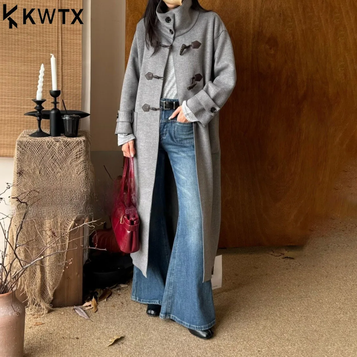 

KWTX 2025 зимнее женское шерстяное пальто, однотонное, длинное, воротник-стойка, роговые пуговицы, винтажная элегантная повседневная верхняя одежда премиум-класса