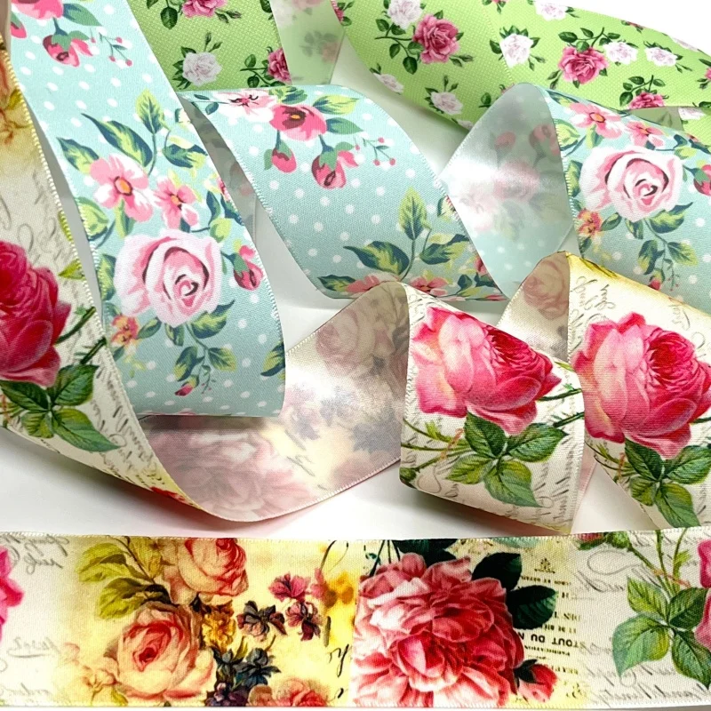 Rose Flowers Printed Satin Ribbon 3.8cm 5Y For Handmade DIY Craft HairPin Bows Gift Floral Wrap Easter Wedding Scrapbook Deco