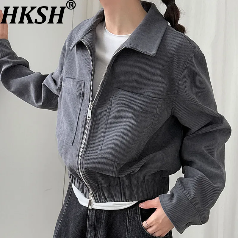 

HKSH Spring Autumn New Women Short Jacket Turn-Down Collar Zipper Pockets Waist Cinching Casual Versatile Tide Chic Coat HK11504