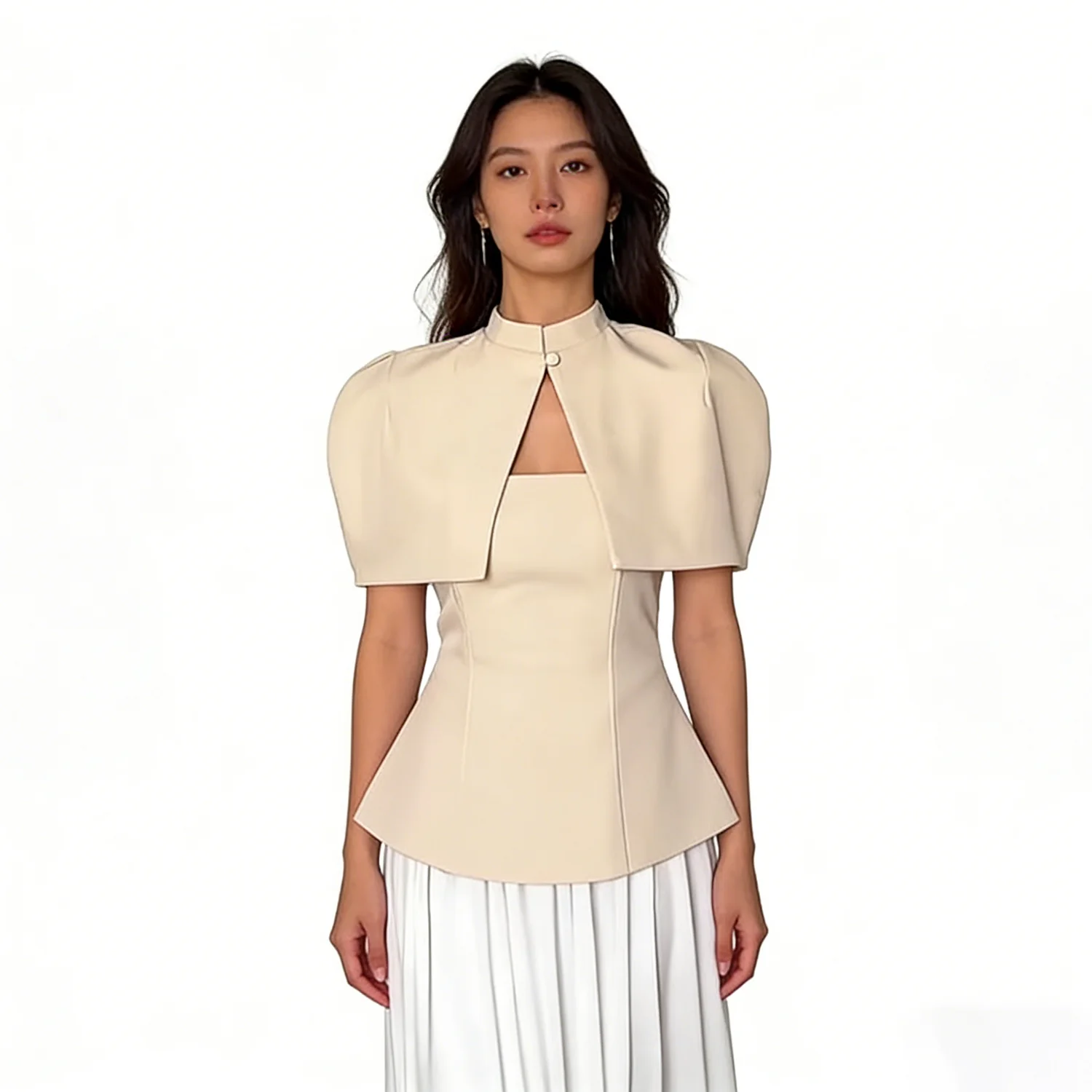 LIMO Elegant Beige Cape Peplum Blouse 2026, Women's Stand Collar Cutout Formal Office Top