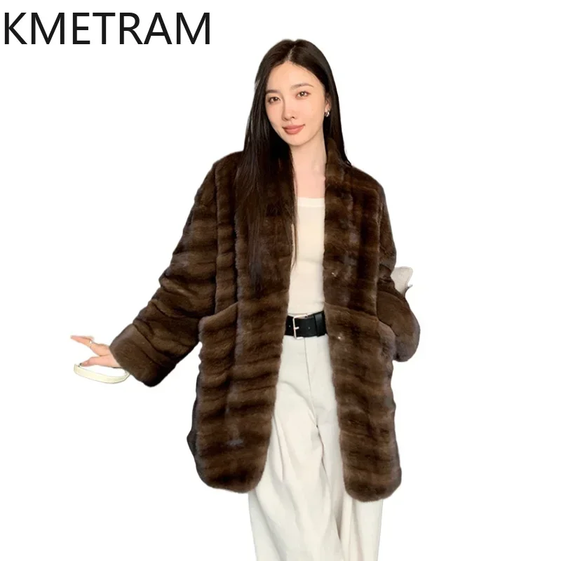Chaqueta de piel de visón Natural para mujer, abrigo de piel con cuello de pico de lujo, chaquetas de alta calidad para invierno, ropa para mujer 2024