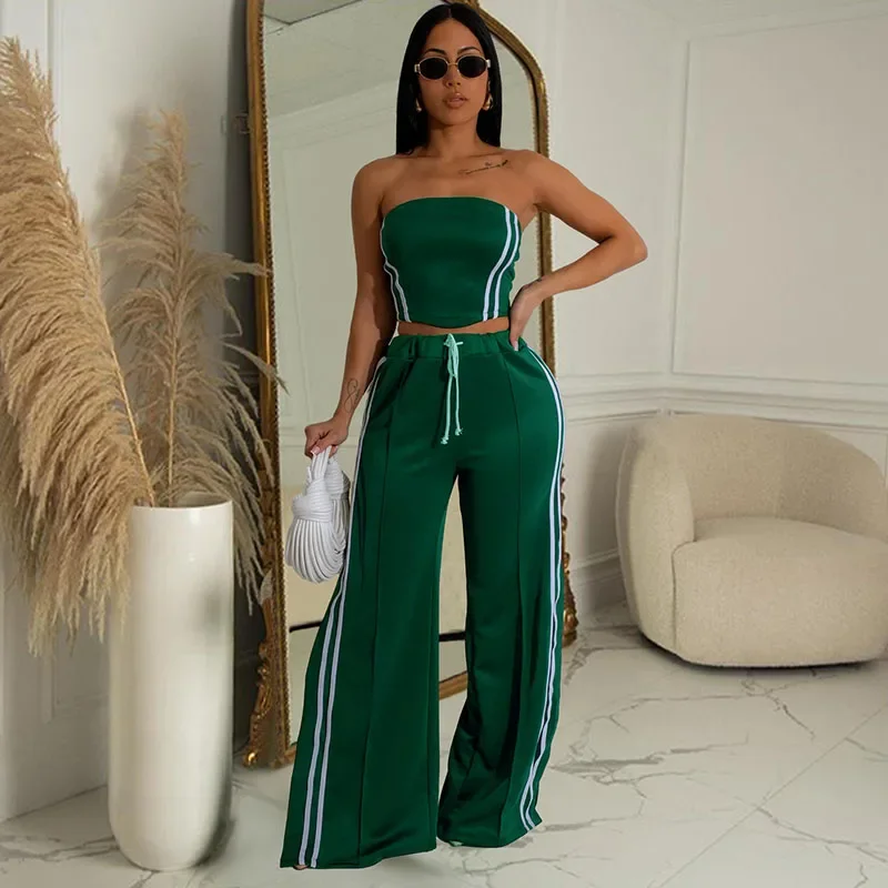 

Striped Sports Casual Two Piece Outfits Woman Tracksuit Strapless Crop Top and Drawstring Split Wide Leg Pants Matching Sets