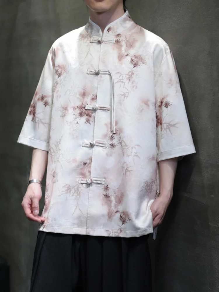 

New Chinese Sle Ice Silk Men's irt ort Sve Thin Summer Faionable Loose Fit Printed Button up Casual Buddhist Robe