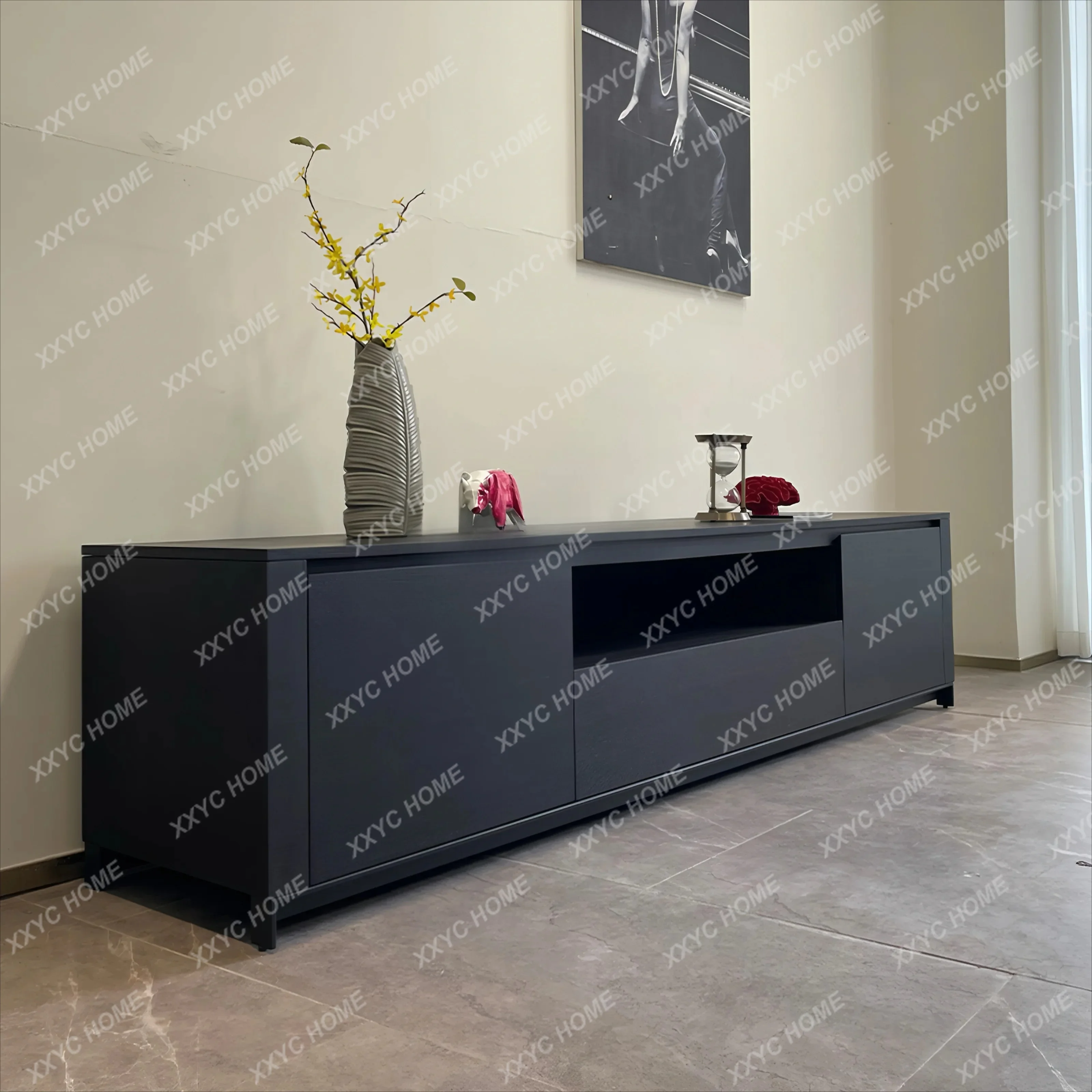 minimalist smoky color TV cabinet modern simple living room solid wood storage low cabinet