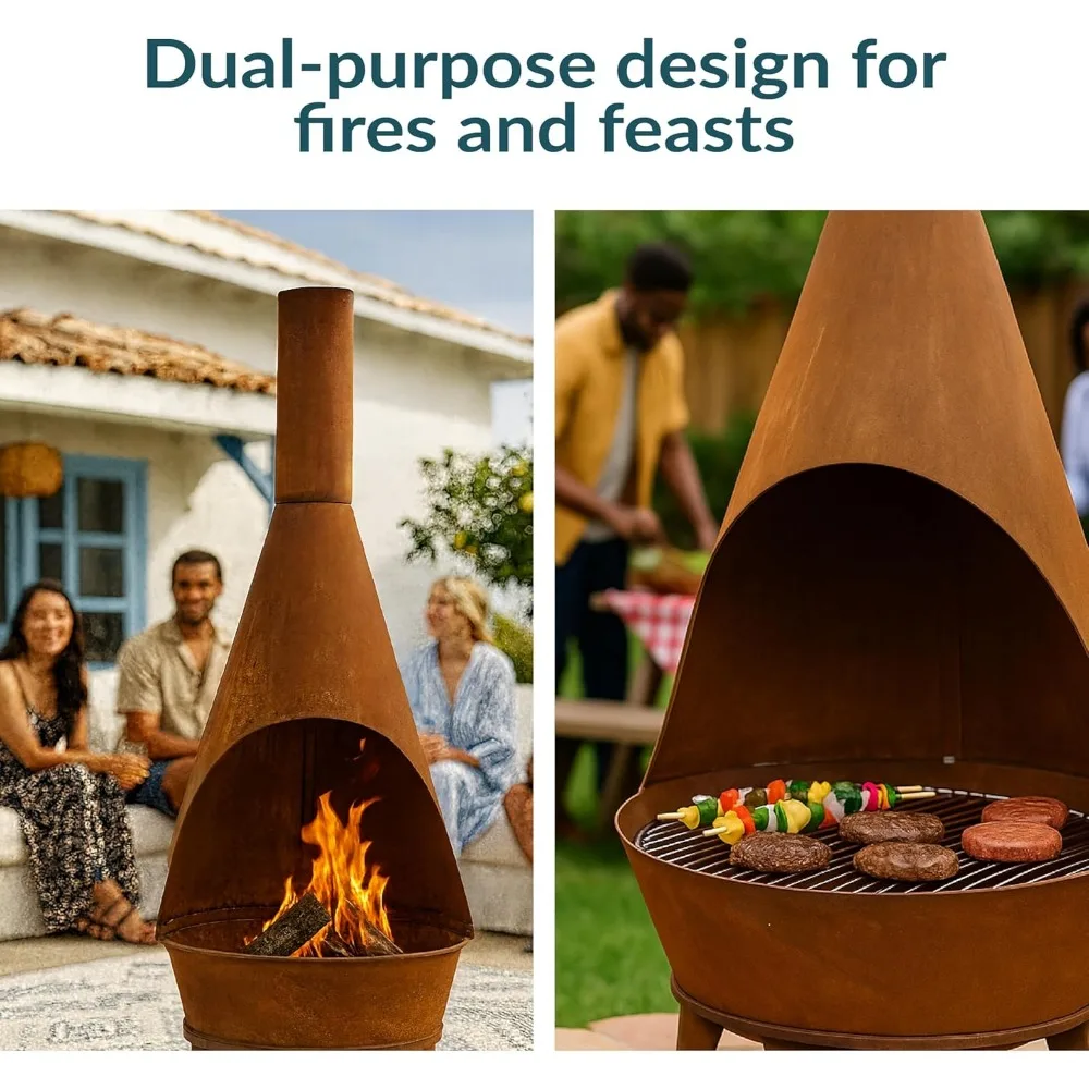 مدفأة كبيرة لحرق الخشب في الهواء الطلق بطول 6 أقدام مع شواية - حفرة نار بتصميم ريفي للترفيه في الفناء الخلفي