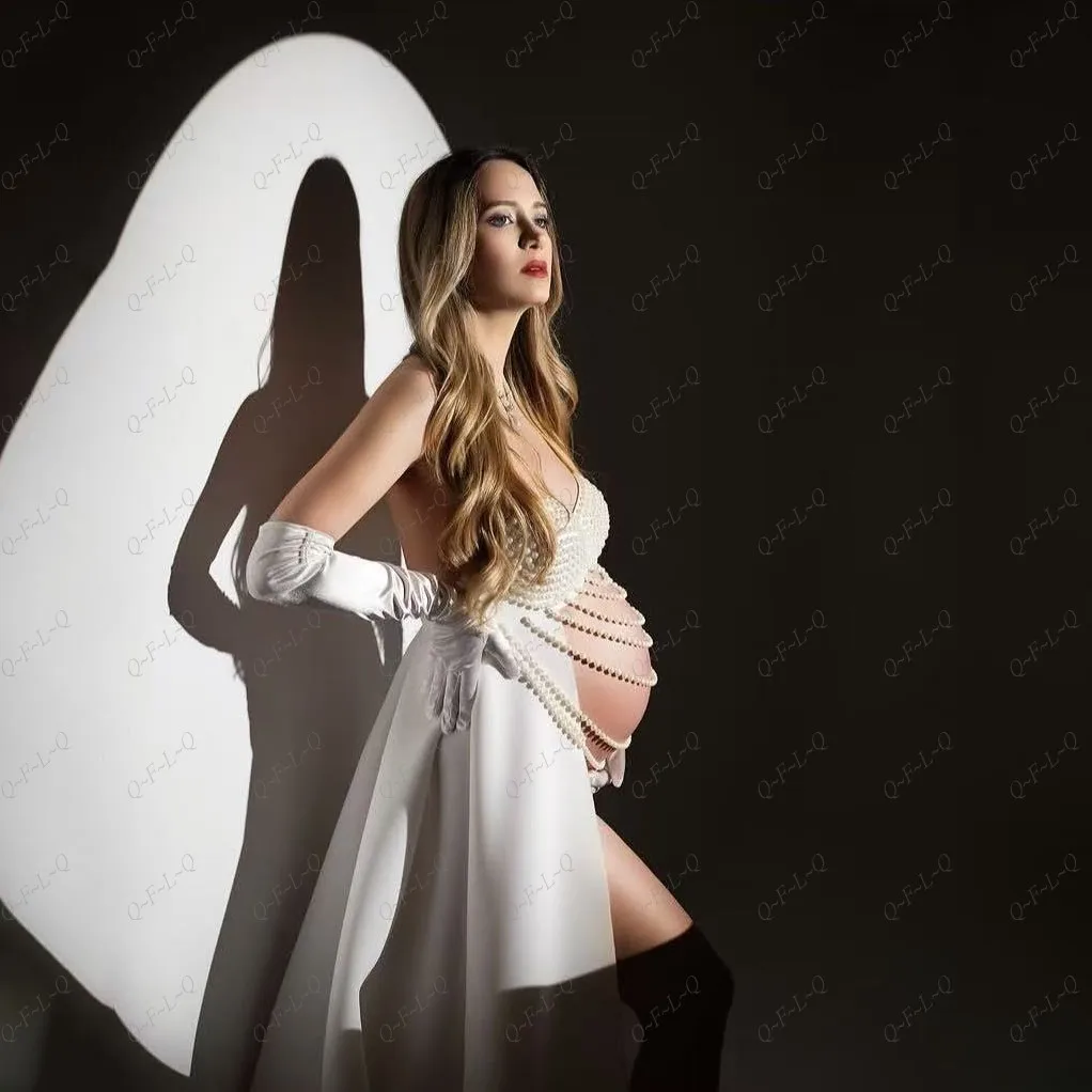 Ivory Off Shoulder Maternity Dresses Pearls Chain Pregnancy Photoshoot Dress No Gloves Sweetheart Maternity Gown Front Split