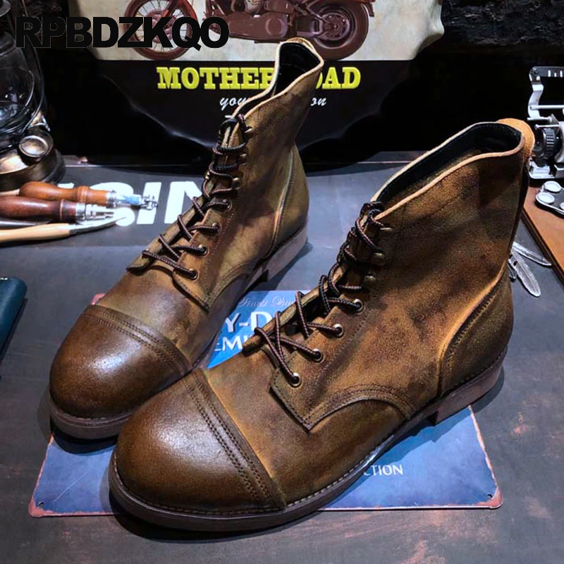 New Short Round Toe Nubuck Goodyear Welted Flats Boots Combat Lace Up Shoes Slip Resistant Ankle Full Grain Genuine Leather Men