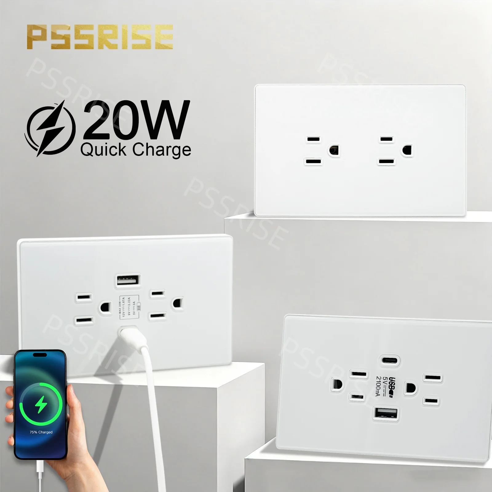 

PSSRISE US Mexico Thai Standard wall socket Usb Type C 20W 5V 2.1A Fast Charge outlet home appliance white Tempered glass Panel