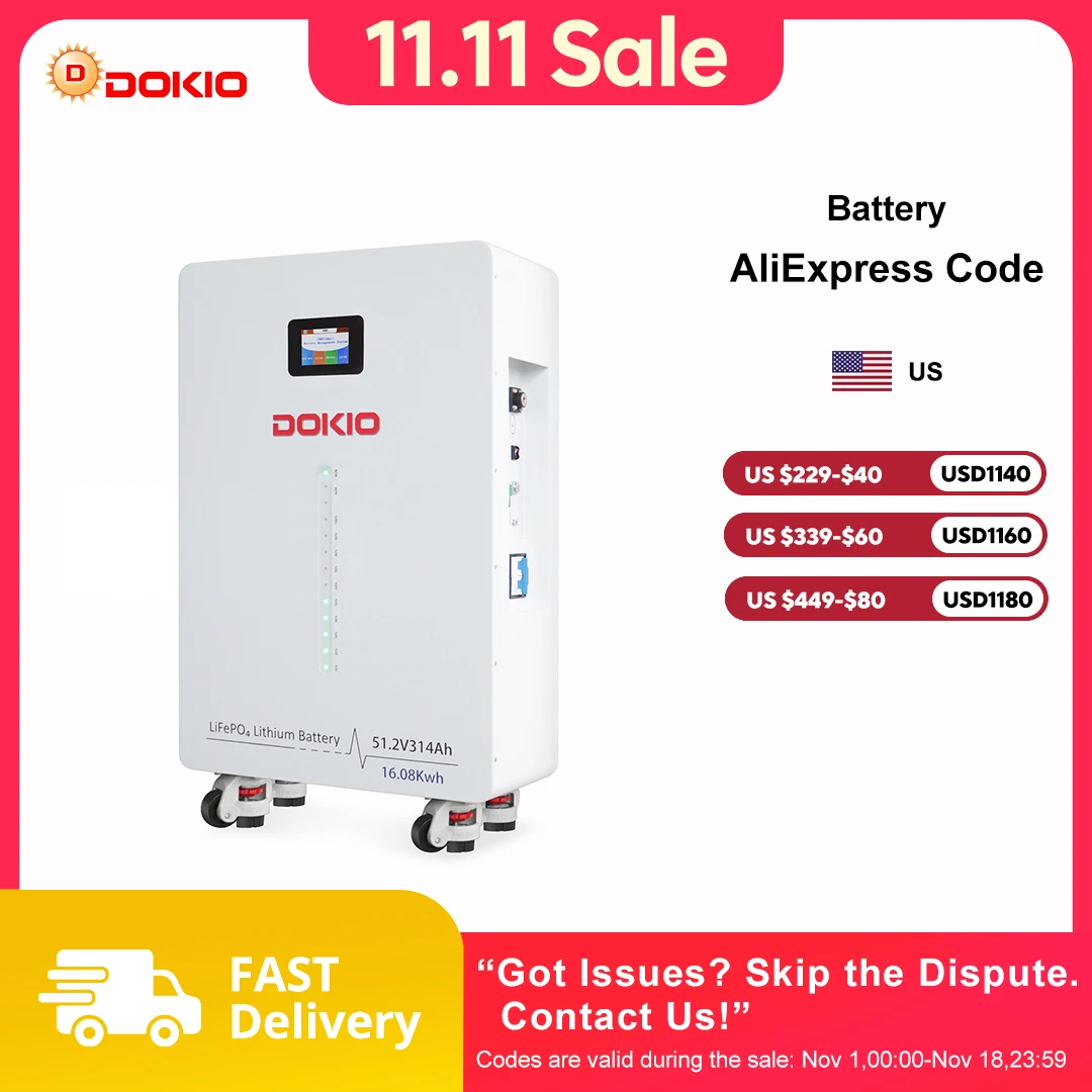 DOKIO 16.08kWh 51.2V 314Ah LiFePO4 Solar Battery Vertical Standing Backup with Smart APP Control,200A BMS,6000 Deep Cycles