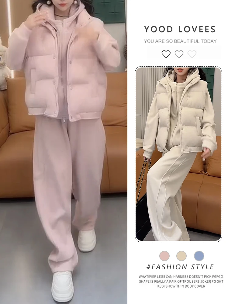 

Women's Warmth Casual Sports Suit Fleece Lined Vest Thick Sweatshirt Sweatpants Three Piece Set Autumn Winter New Arrival