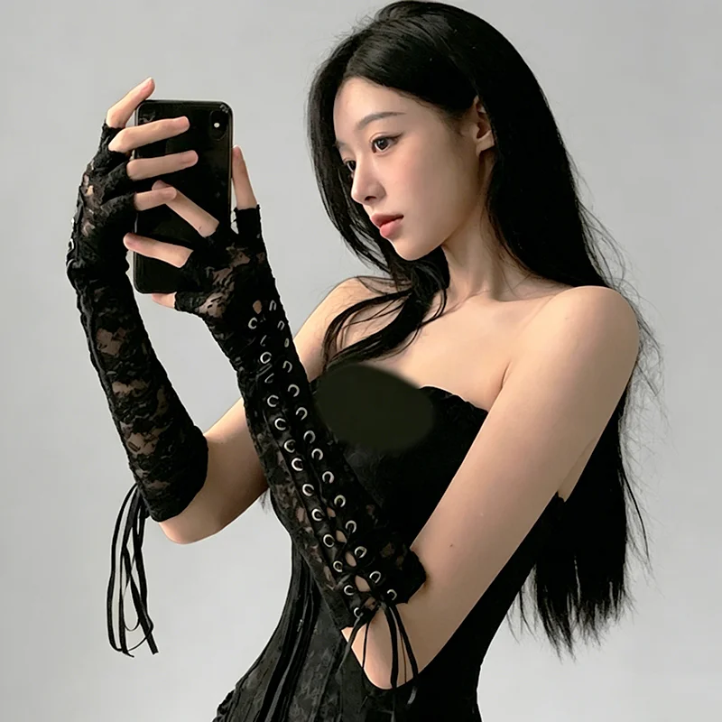 Women Sexy Floral Lace Elbow Length Half-Finger Gloves Black String Ribbon Ties Up Dance Party Fingerless Fishnet Mesh Mittens
