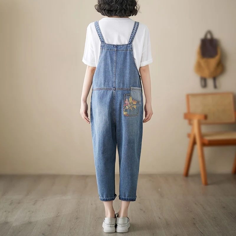 Casual Streetwear Mom Jean Ladies Jumpsuits Summer Patchwork Print Floral Overalls Women Loose Wide Leg Straps Calf-Length Pants