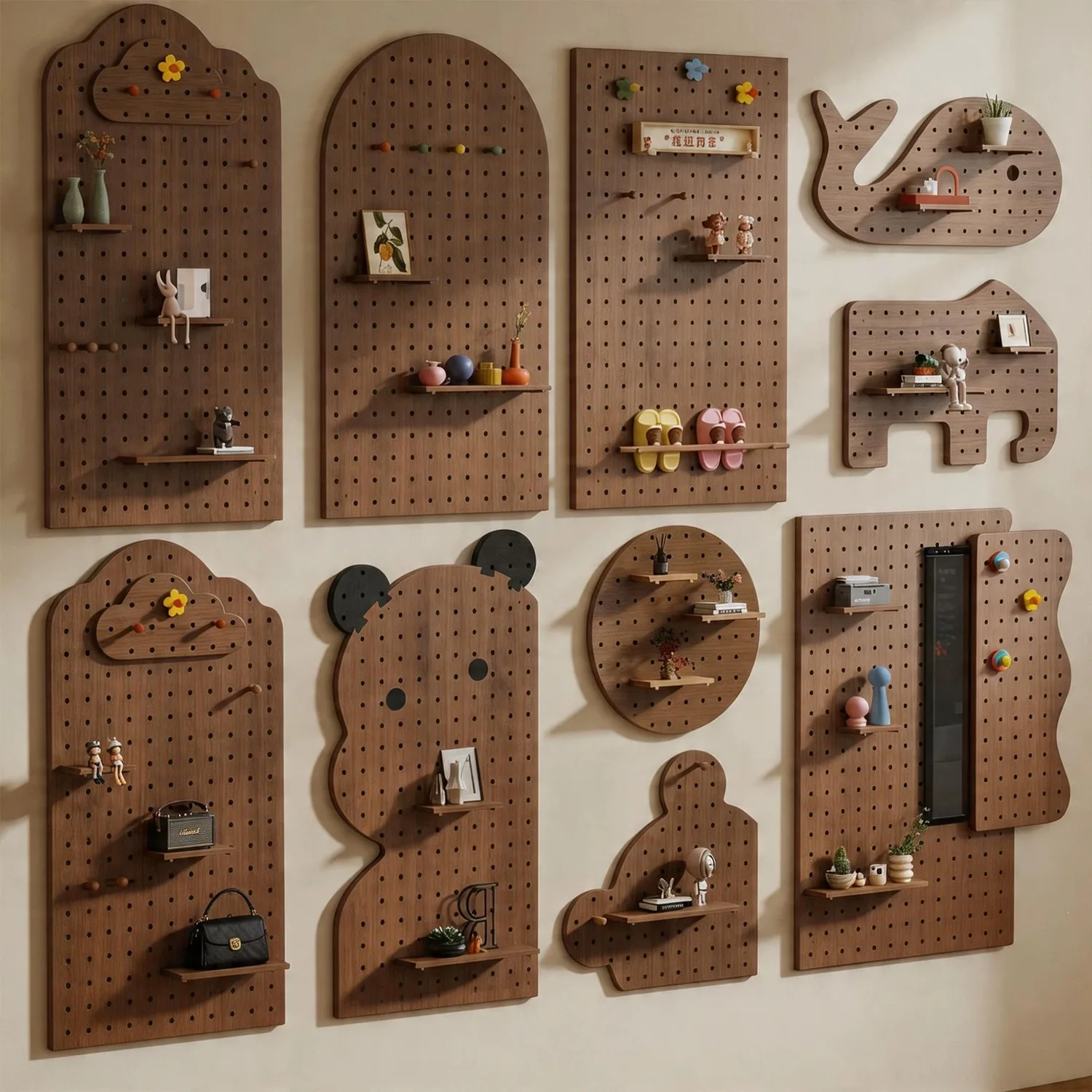 Solid wood hole board 2026 new shelf wall wall shelf medieval style clothes storage display modeling wall