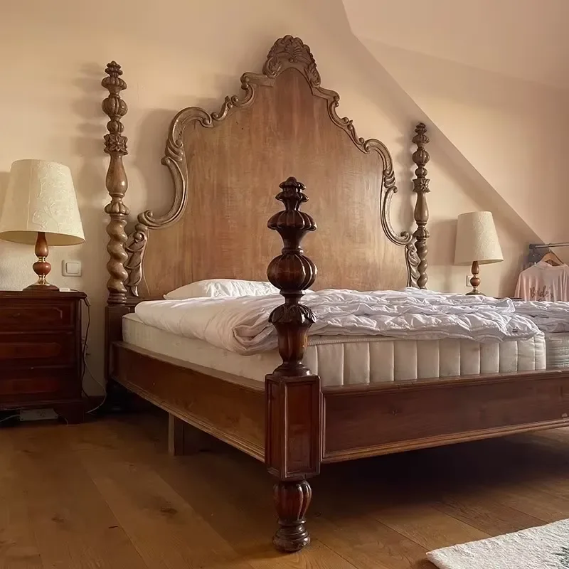 American Retro Solid Wood Bed 1.8 Meters Carved Double Bed Master Bedroom Renaissance High-end French Country Pillar Bed