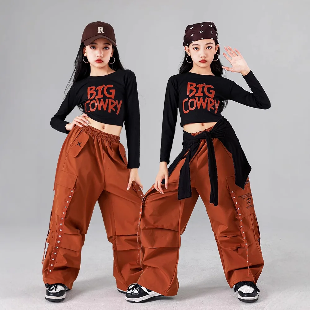 بدلة رقص الجاز للأطفال ملابس علوية سوداء لون الكرمل سراويل طويلة ملابس ممارسة الهيب هوب موضة المرأة مجموعة الرقص المشجع