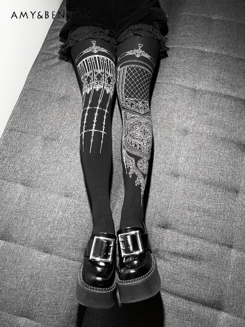 Subculture Lolita Printed Silver Foil Goth Socks Pantyhose 120d Velvet Lolita Dark Girl Punk Style Printed Sexy Pantyhose Stock