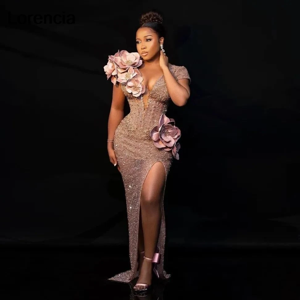 

Customized African Aso Ebi Sparkly Pink Mermaid Prom Dress Beaded Crystals Floral Applique Evening Gown Robe De Sorrie YPD336