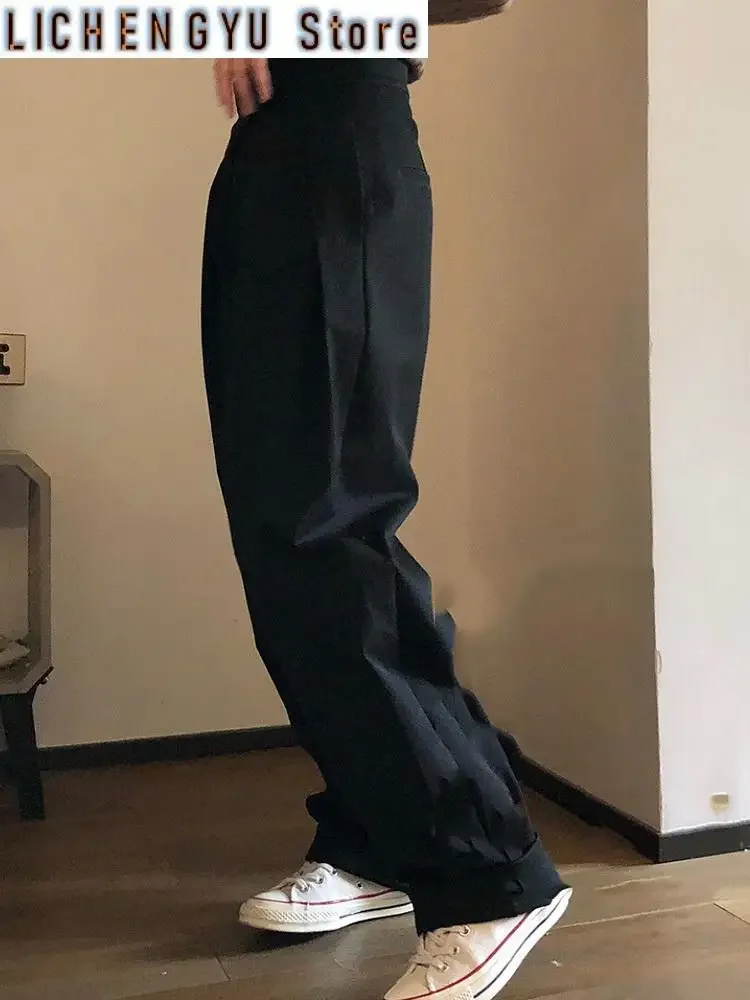 High Waist Black Pleated Long Asymmetric Wide Leg Pants New Loose Fit Trousers Women Fashion Spring Autumn