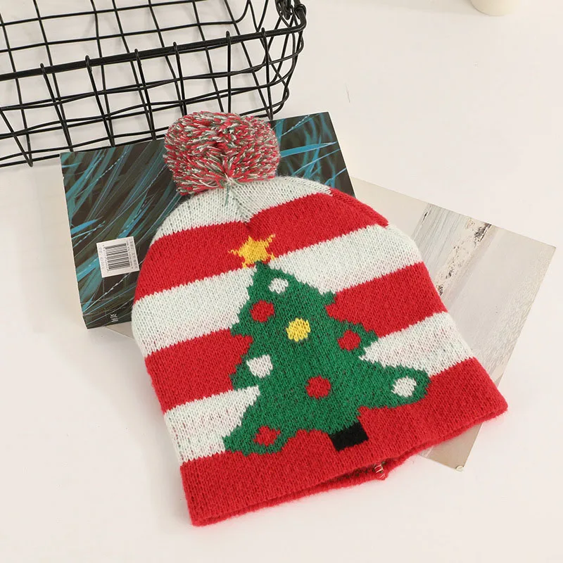 Christmas Mummy Baby Hat Bonnet Red White stripes Green Tree Knitted Hats with Pom Pom Xmas New Year Party Gifts Decorations image 4