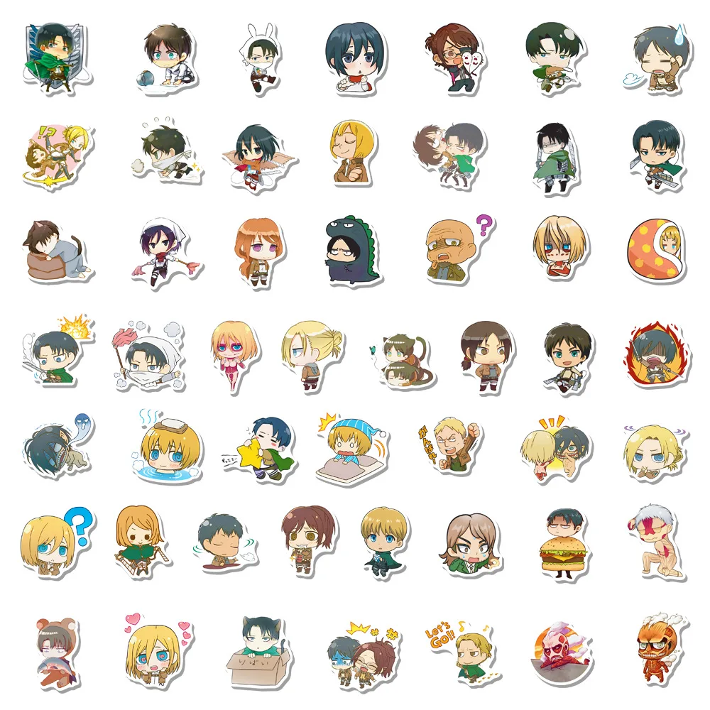 50 PCS Attack On Titan Kawaii Anime Stickers For Laptop Wall Decals Gift Waterproof Removable