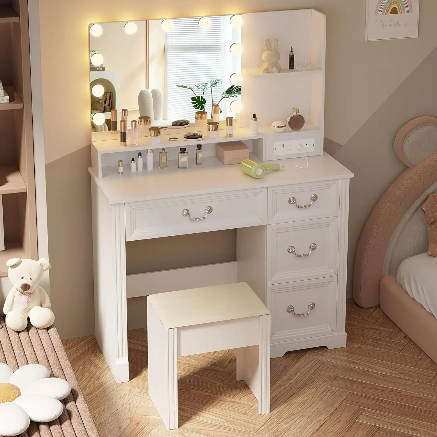 Vanity Desk with Mirror Light and Power Outlet, 39 inch Farmhouse Makeup Table Set with Stool, 3 Color Adjustable Lights Bedroom