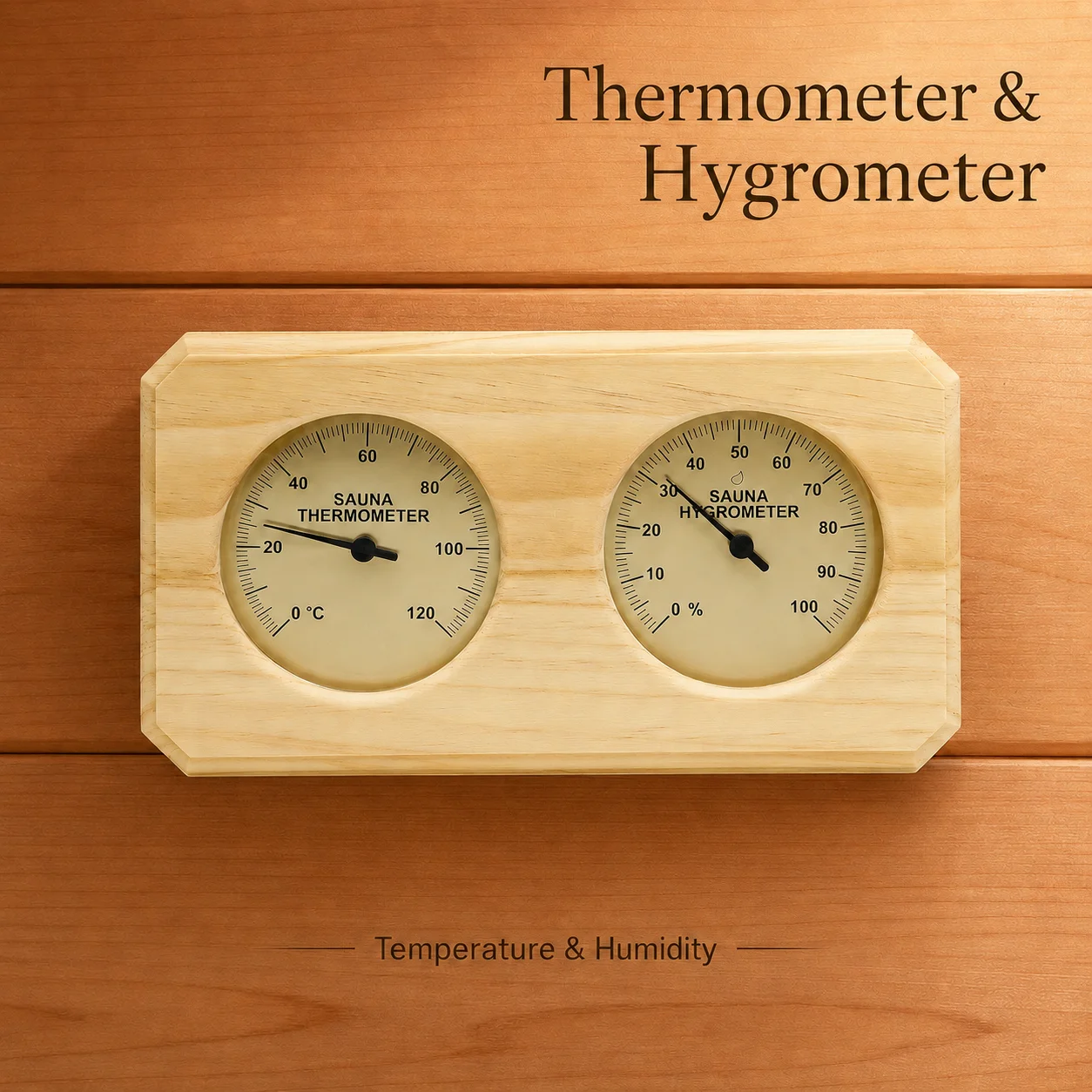 Thermomètre-hygromètre de sauna en bois à montage mural, jauge de température et d'humidité, double cadran mécanique, sans batterie nécessaire