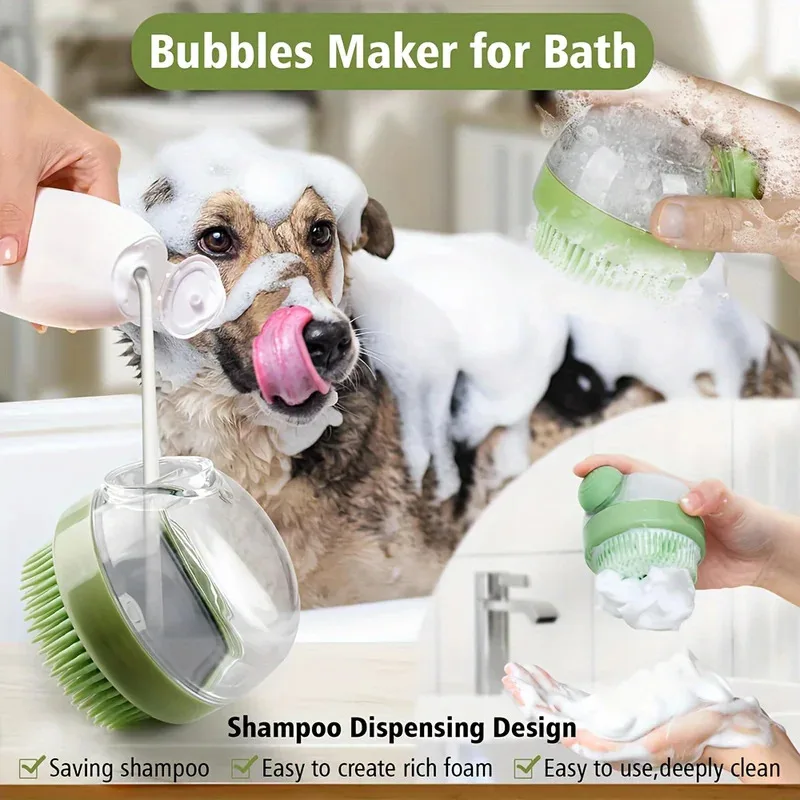 

Dog Bath Brush with Soap Dispenser Pet Grooming Massage Tool for Dogs Cats Long Haired Pets Silicone Bristle Shampoo Brush