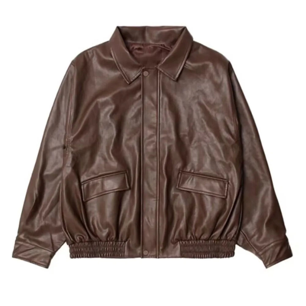 Comfortable Pleated Leather Jacket Women Lapel Collar Outerwear Zipper Overcoat Retro Korean Chic Vintage PU Coats Women