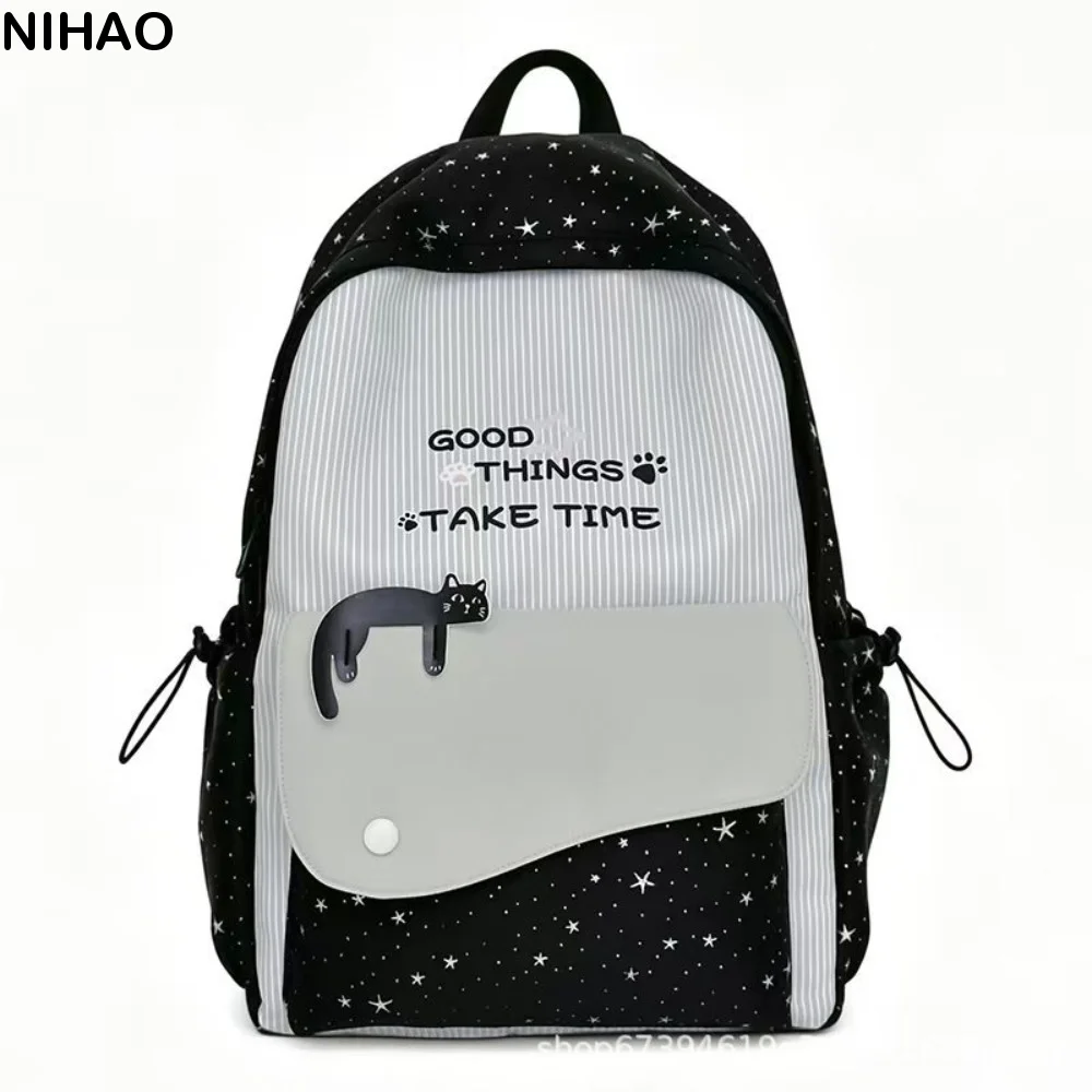 Y2k Sweet Cat Star Backpack Minimalist Printed Nylon Rucksack Large Capacity Durable Student School Bag Daily