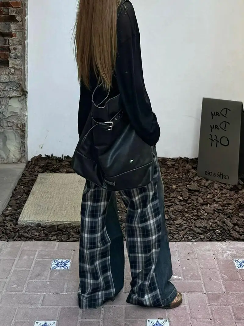 

Американские ретро-джинсы в клетку с пэчворком для женщин, летние, свободные, повседневные, в пол, с высокой талией, широкие штанины