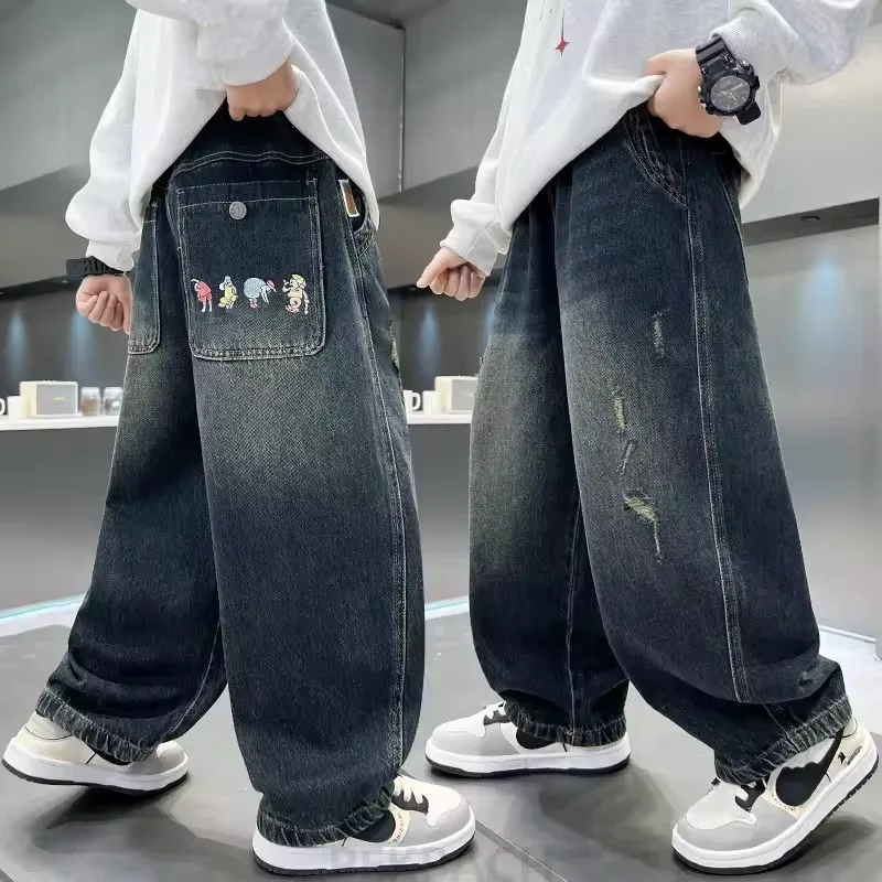 Fashion Boy Hip Hop Cartoon Pattern Pocket Jeans for Kids y2k Retro Baggy Dark Blue Denim Pants Children School Casual Trousers