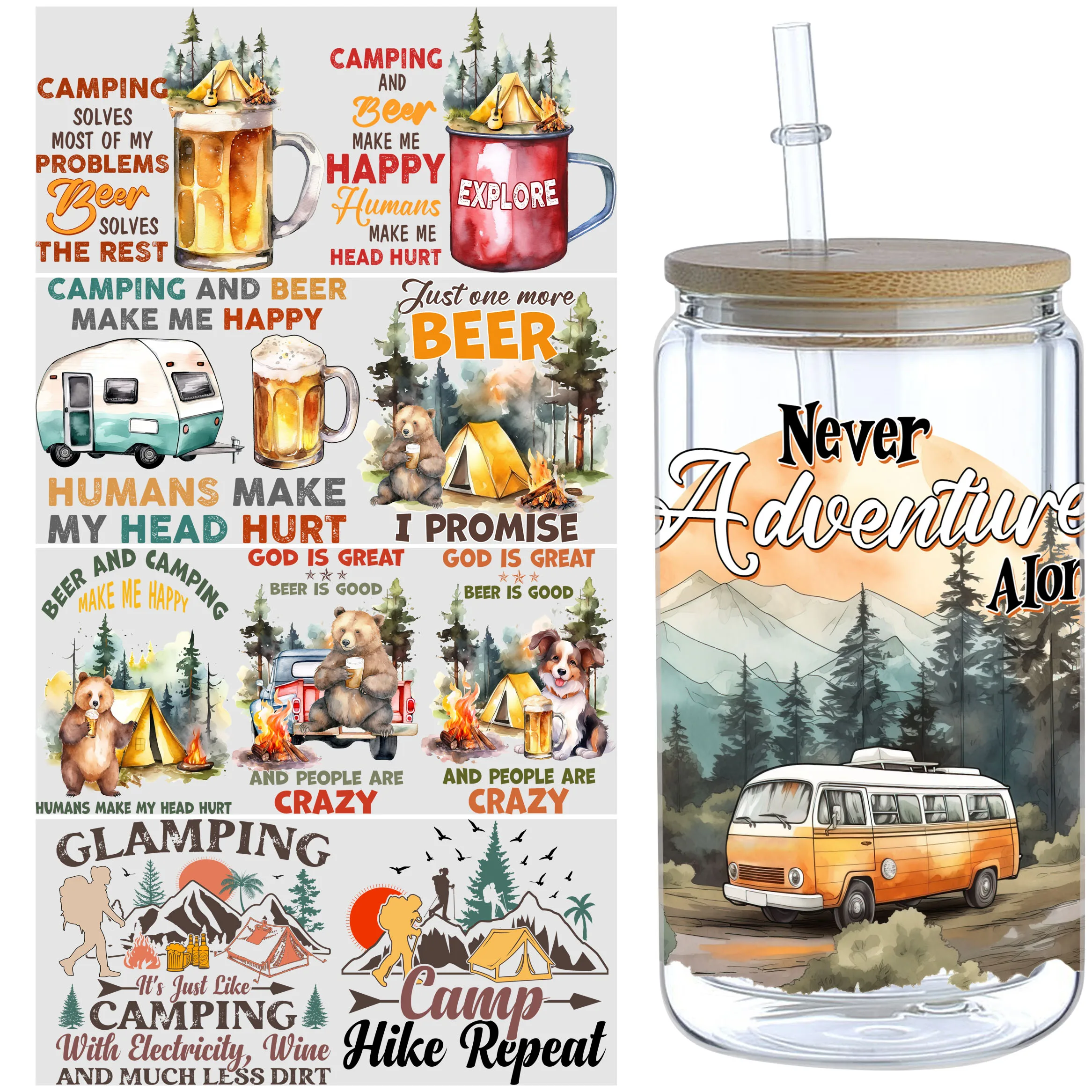 

5sheets Camping Themed UV DTF Cup Stickers, Waterproof Sticker Pack For Decorating Mugs, Cups, Bottles, School Supplies, Etc