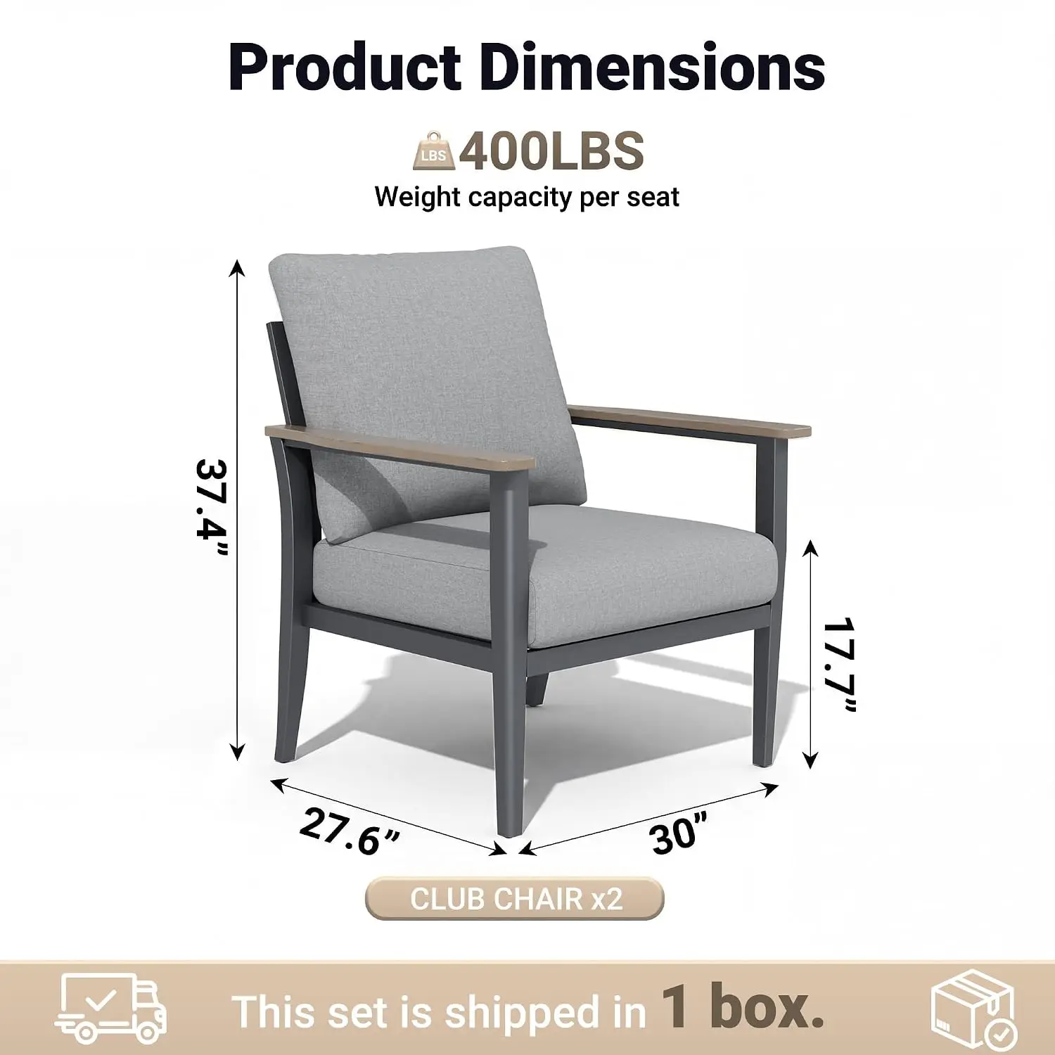 Metal Outdoor Patio Chairs Set of 2, 5.1-Inch Cushions, Grey, Customized