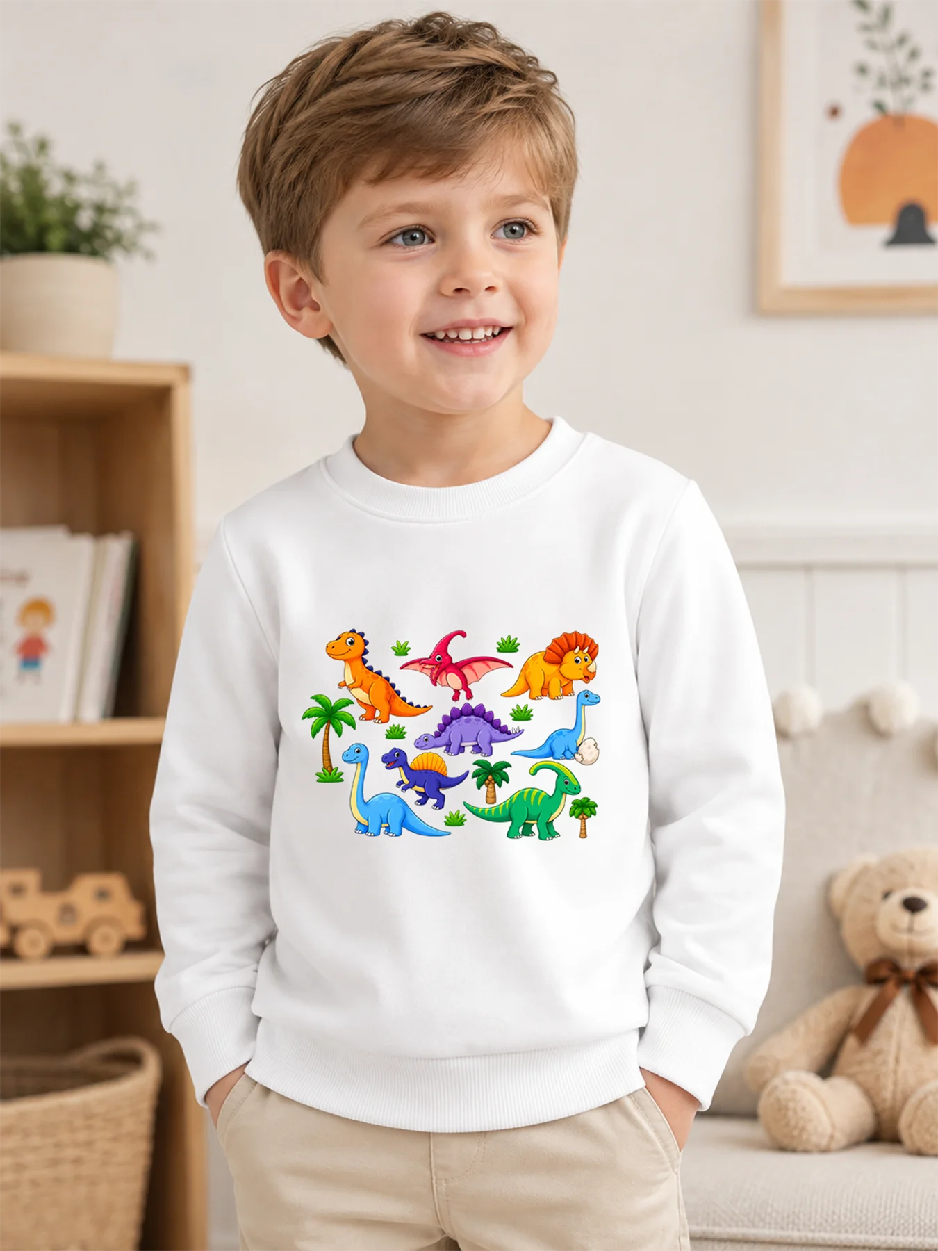 Boys Cartoon Dinosaur Print Sweatshirt Kids 100% Cotton Crew Neck Pullover Autumn Long Sleeve Tops Cute Dino Graphic Tops