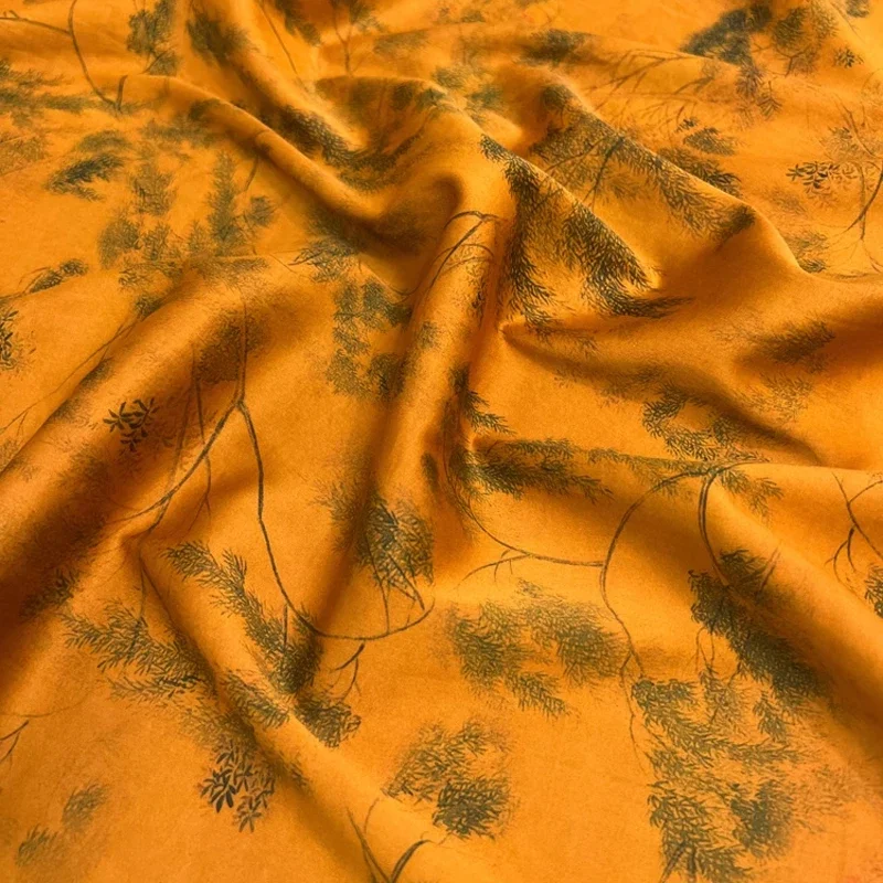 Trees Print Orange Stretch Silk Fabric - Wide 118CM - Ideal for Dress & Cheongsam - High-Quality D1260