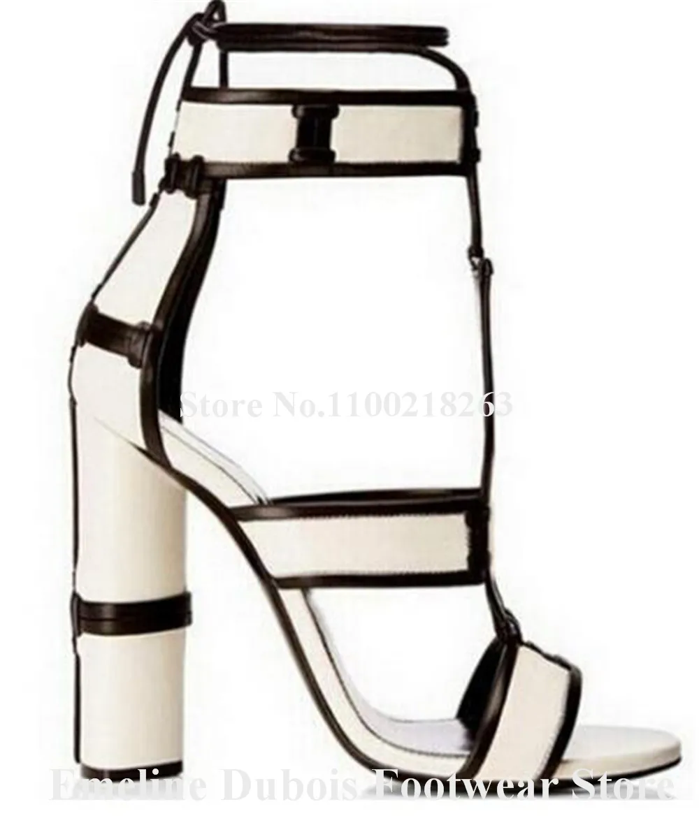 Fashion Mixed-colors Stripes Thick Heel Sandals Emeline Dubois Open Toe T-straps Patchwork Chunky Heel Sandals Dress Heels