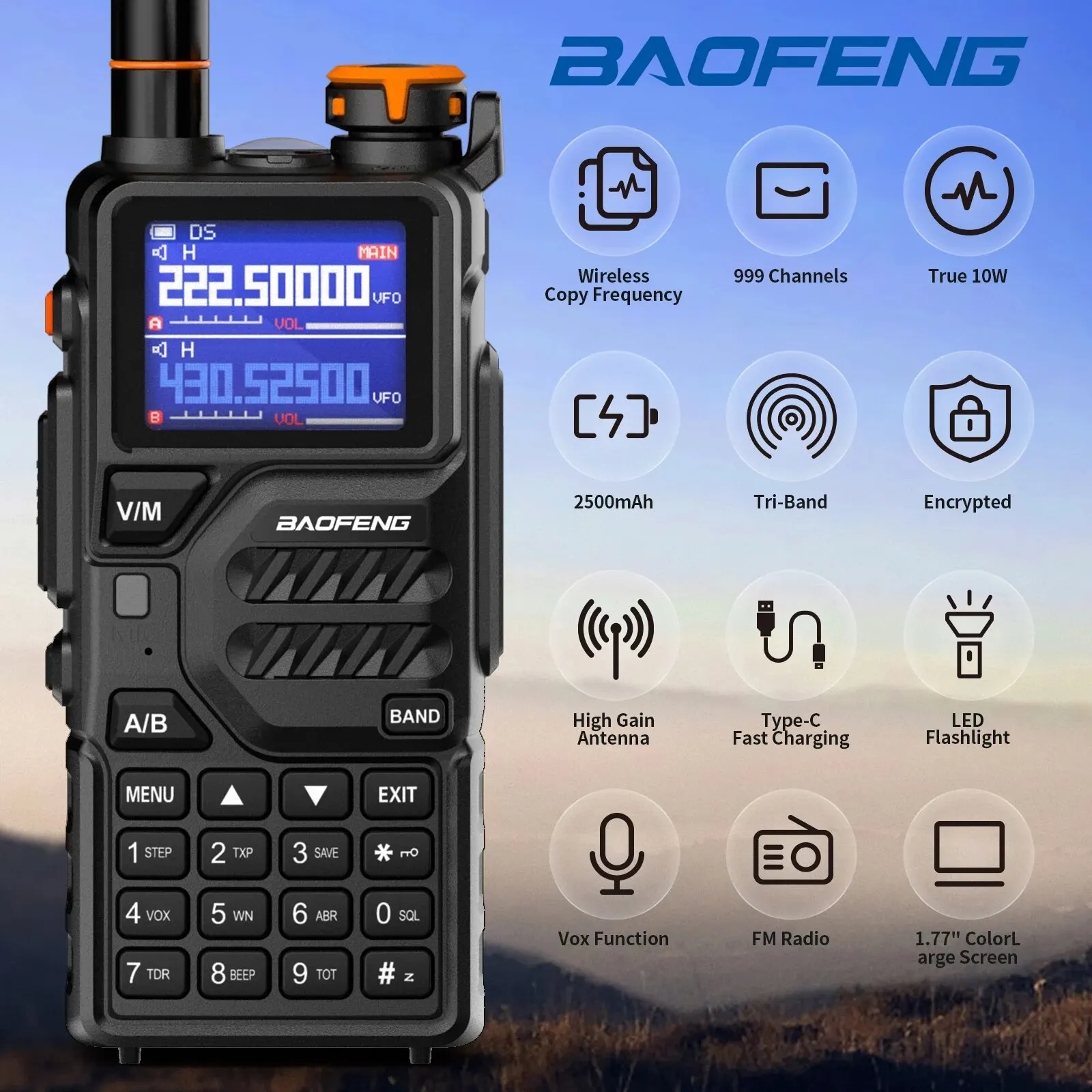 Baofeng K5 플러스 10 와트 136-174/220-260/400-480MHz, C타입 2500mAh 배터리, 999CH