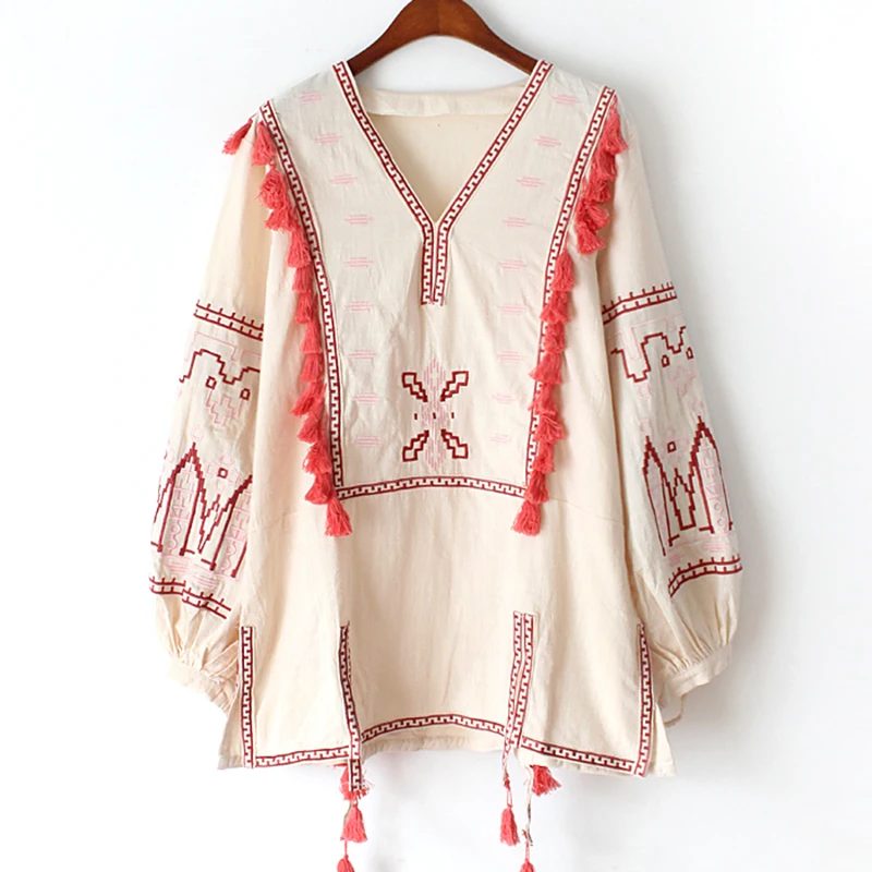 GypsyLady Katoen Bloemen Geborduurde Blouses Shirt Herfst Vintage Oversized Tuniek Lange Mouw Tassles Boho Hippie Etnische Tops2019