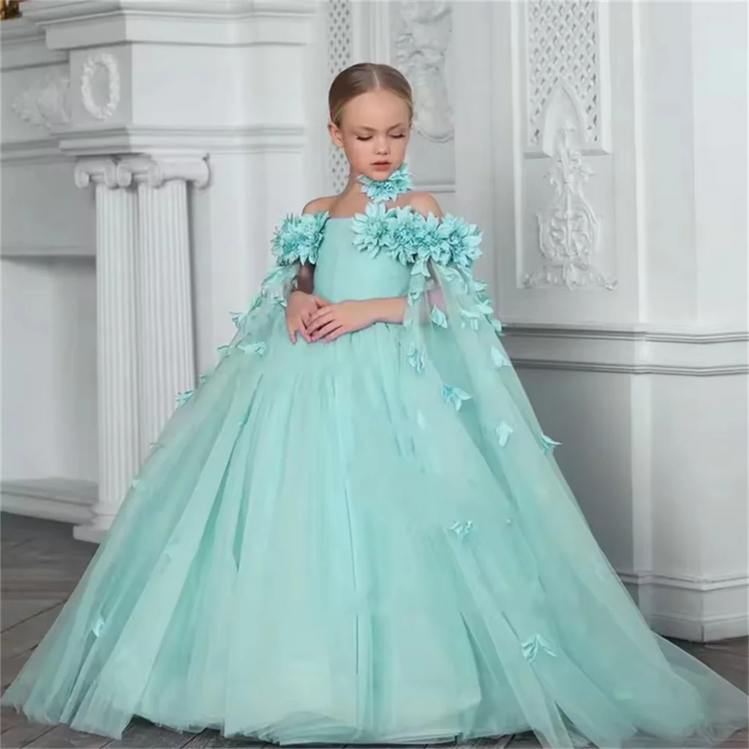 

Flower Girl Dresses For wedding 3d Applique Tulle Off Shoulder Kids Birthday Party First Communion Christmas Ball Gown