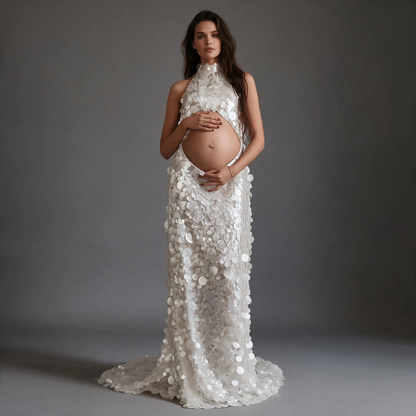 Elegant Mermaid Maternity Gown with Big Sequins Halter Neck Bare Belly Dress for Pregnant Women Studio Photography Gowns