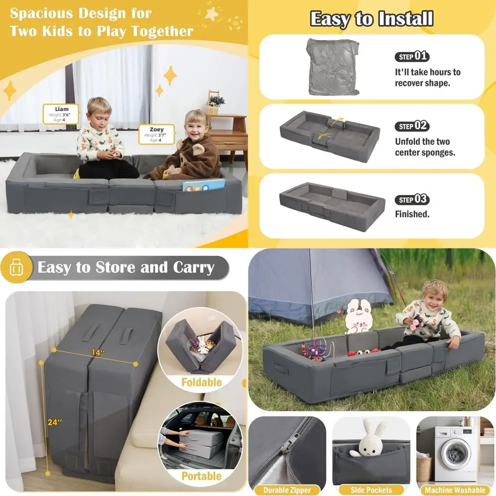 

Portable Folding Travel Bed for Kids 1-4 Years, Easy Setup, Washable, Safety Rails, Compact for Home and Travel, Grey