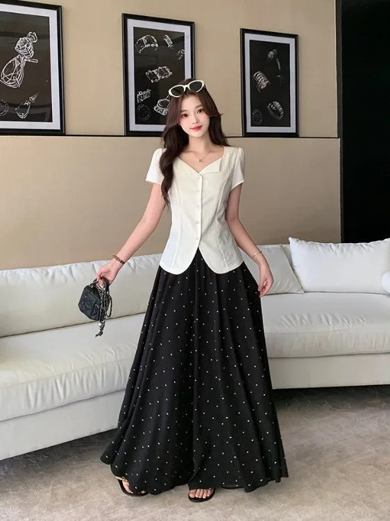 

plus Size Women's Summer Shirt Short Sleeve V-Neck Polka Dot Skirt Set High Waist Commuter Style Korean Version Slim Fit