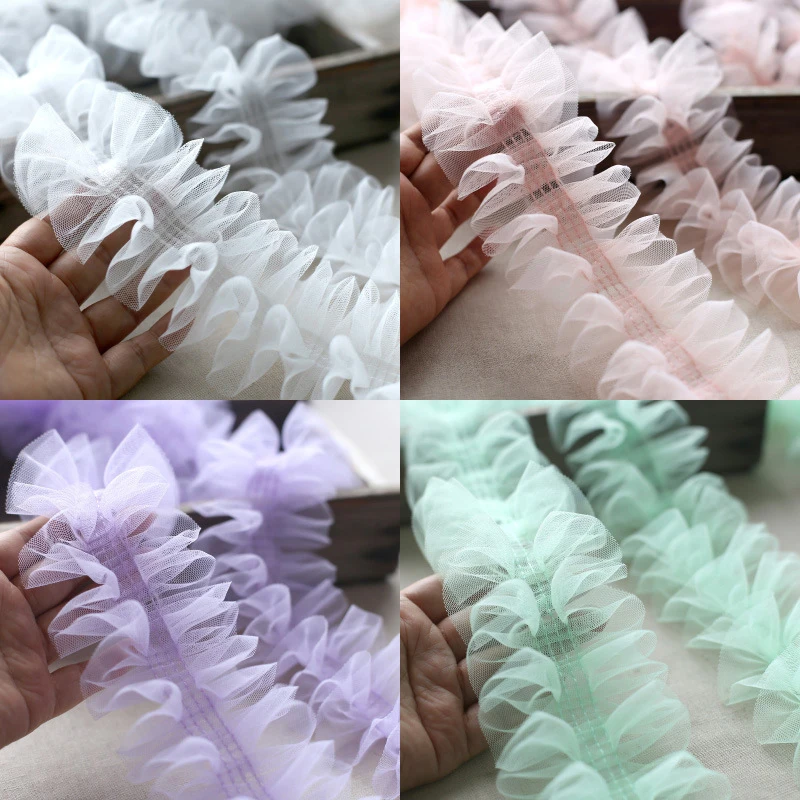 

8cm Wide Mesh Encryption Four-Line Double I-Shaped Pleated Lace Puffy Yarn Lace Edge DIY Clothes Hats and Shoes Decorative Edge