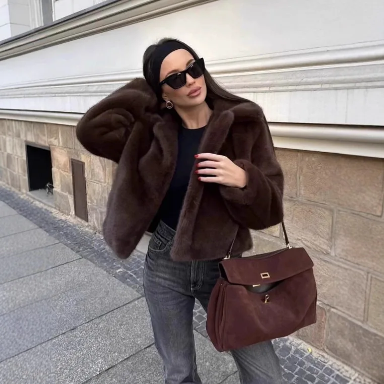 

RAISE Retro Winter Women Faux Fur Coat Solid Artificial Lapel Collar Eco Fur Jacket For Lady Short Female Mink Fur Outwear Coat