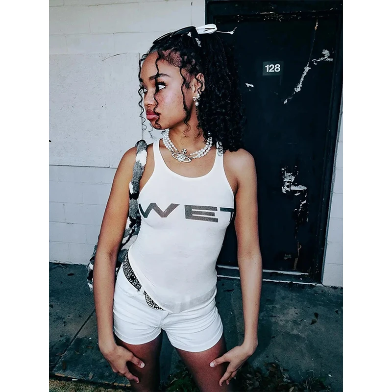 Wet Letter Print White Crop Top Shirt Y2k Streetwear Sexy Summer Clothes for Women Tank Tops 2024