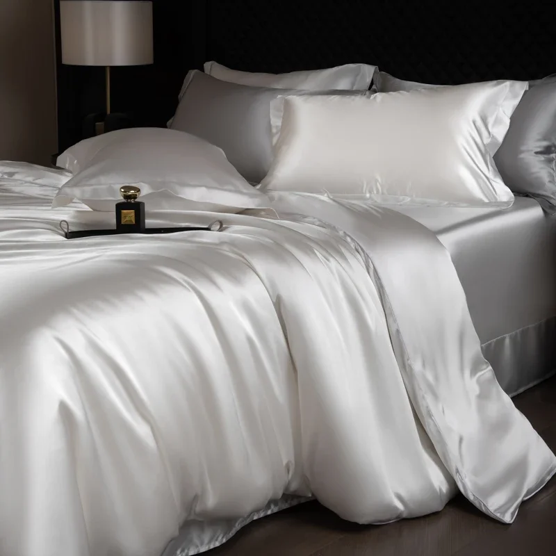 Silk Bed Sheets Set Luxury Bedding Set with Duvet Cover Fitted/Flat Bedheet Pillowcases Mixed with Rayon King Queen Full Twin