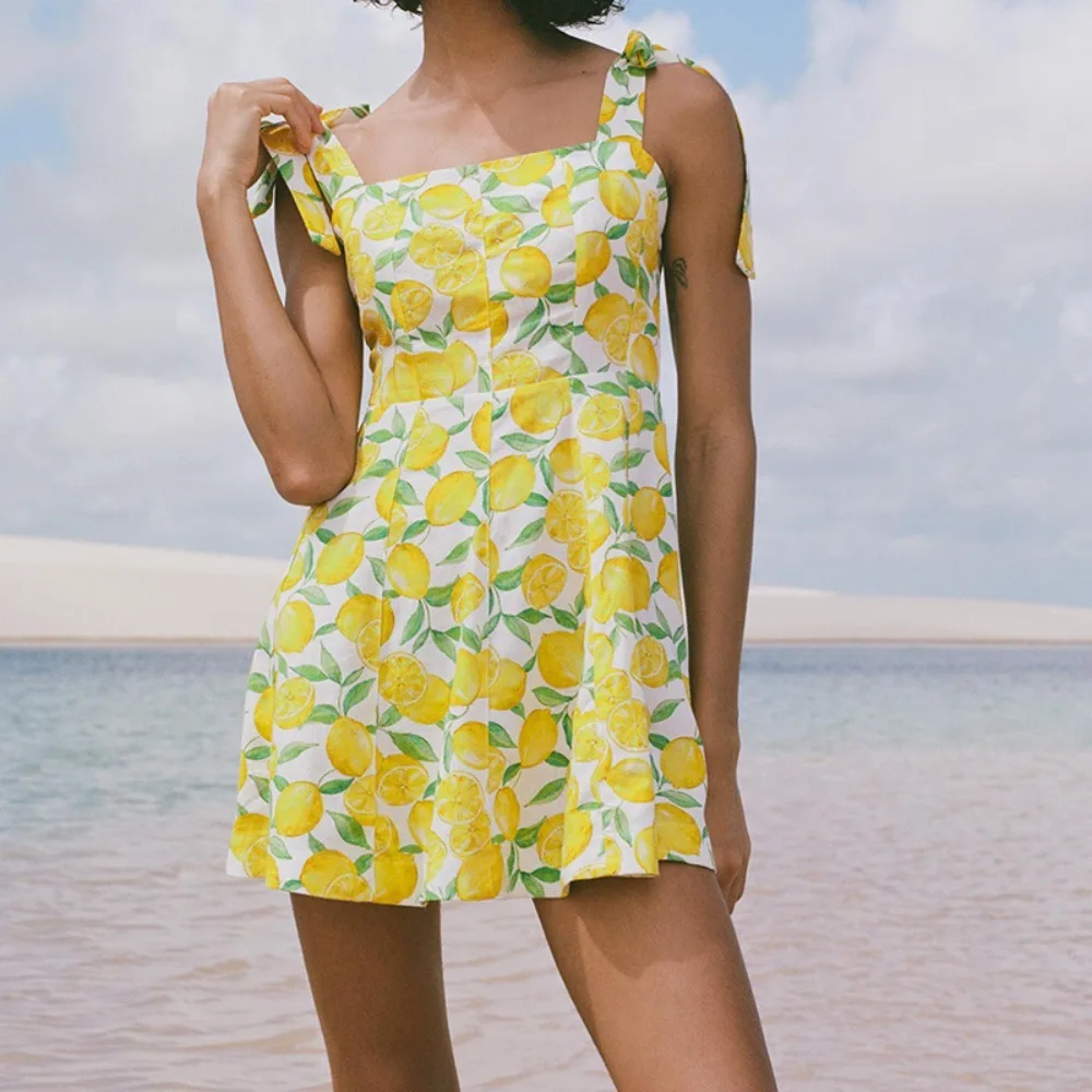 

Женское пляжное платье на бретельках, элегантное ТРАПЕЦИЕВИДНОЕ ПЛАТЬЕ С Принтом лимона, квадратным вырезом и высокой талией в пляжном стиле