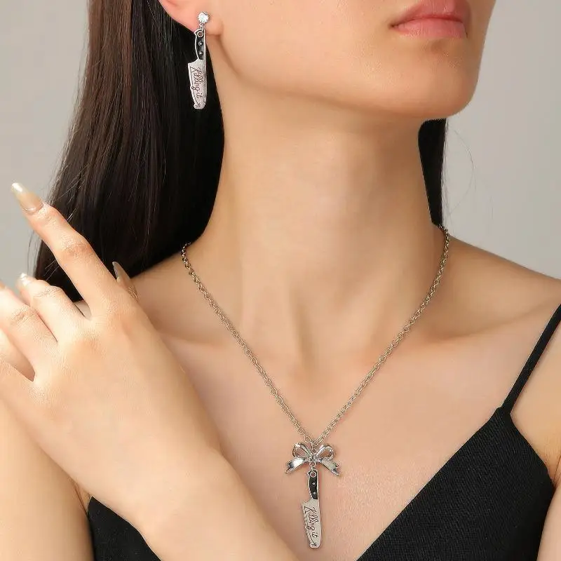 مجموعة قلادة على شكل فيونكة خنجر على الطراز القوطي الشرير - قلادة وأقراط أداة محاكاة Y2K، مجوهرات ذات بيان منفعل لملابس الحفلات البديلة #3